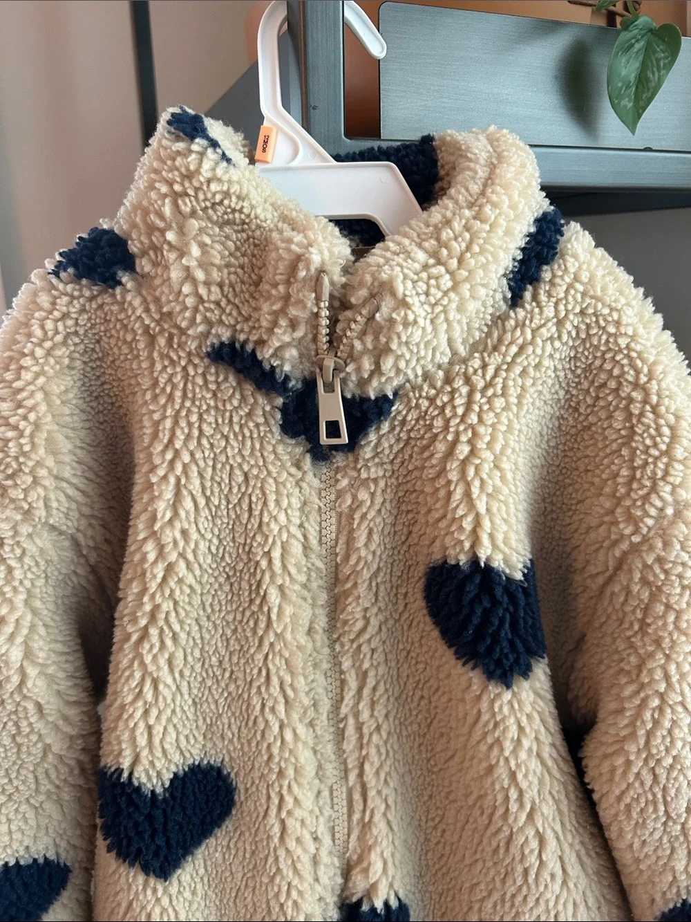 Zara Cream Sherpa Jacket with Navy Heart Accents
